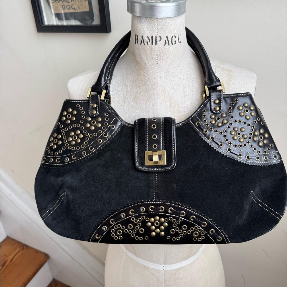 Rafe New York Black Suede & Leather Studded Shoulder Bag Hobo Baguette EC! Y2K